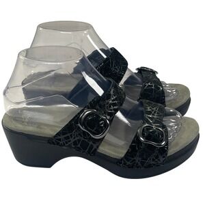 Dansko Sophie Sandals Womens 37/6.5-7 Black Silver Leather Buckle Slide Wedge
